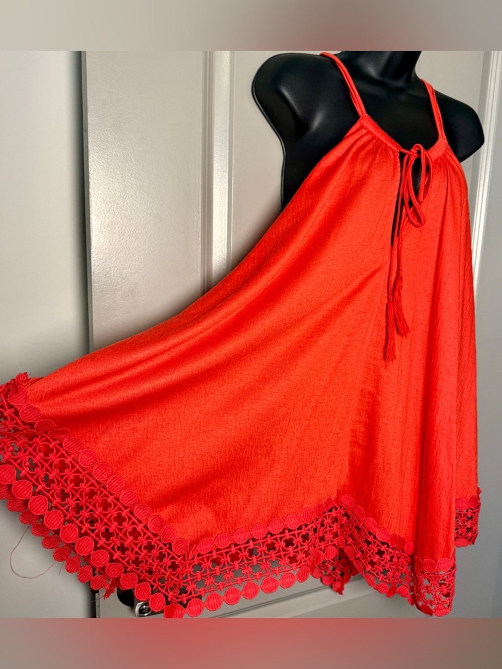 Lane Bryant Coral Crinkle Tassel Tie Beach Coverup Crochet Lace Hem Size 14/16